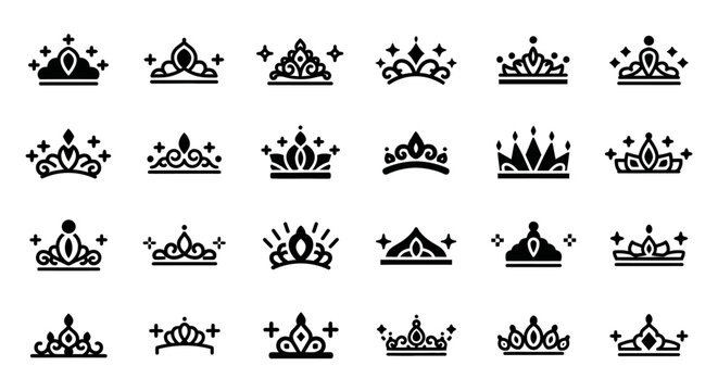 Collection of Twenty Various Crown Illustrations Displayed on a Plain Background