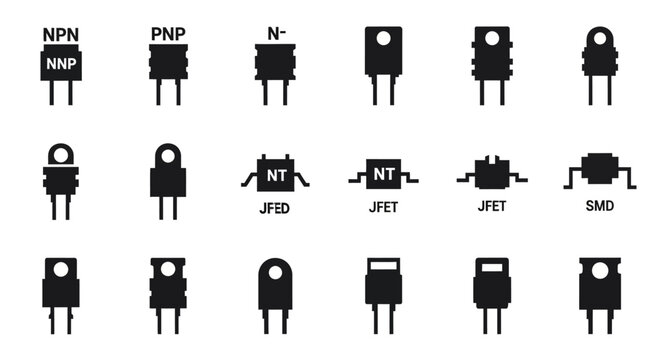 Various electronic components and transistors illustrated in a grid layout on a clean background from a straightforward viewpoint