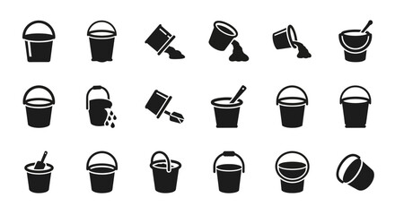 Collection of black bucket and shovel icons in various states displayed on a clean white background from a straightforward viewpoint © Steven