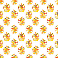 seamless pattern of watercolor monstera or philodendron, hand drawn watercolor bright orange leaf isolated on white background © elenaseiryk