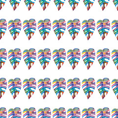 seamless pattern of bright multicolored monstera or philodendron leaf, hand drawn watercolor isolated on white background © elenaseiryk