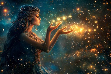 Fototapeta premium Mystical goddess catches shooting stars under a starry night sky in a vibrant meadow