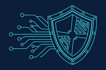 Fototapeta premium Digital Shield with Circuitry Lines Represents Cybersecurity and Data Protection in Technology
