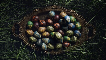 Top view of many colorful patterned eggs on golden tray.