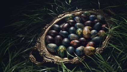 Easter eggs with floral prints on tray among green grass.