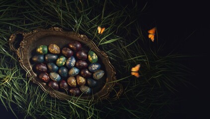 Top view of decorated eggs on tray with flying butterflies.