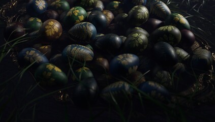 Moody composition of Easter eggs in grass on dark tray.