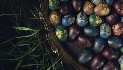 High angle detail of patterned eggs on antique metal tray.