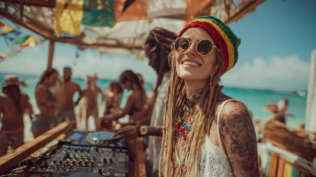 A Full Body Shot of a Blonde Reggae DJ with Tattoos at a Sunlit Beach Party