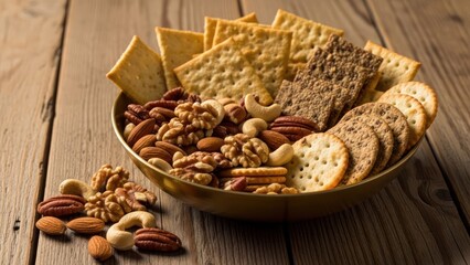 Assorted crackers and nuts in a bowl