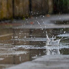 Water splash on wet pavement with sunlight reflection and rain droplets in motion
