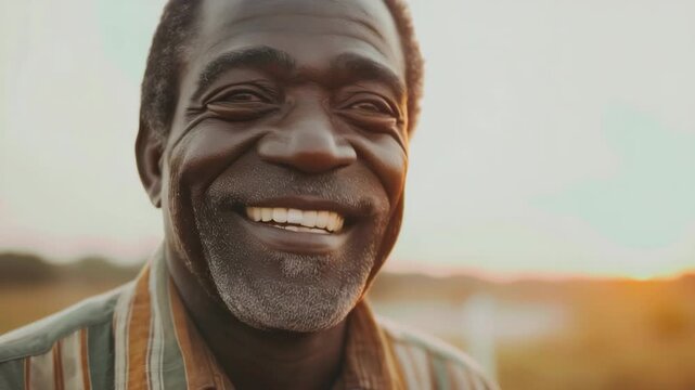 A cheerful elderly man with gray hair and beard, wearing a patterned shirt, enjoying the beauty of the evening sky.