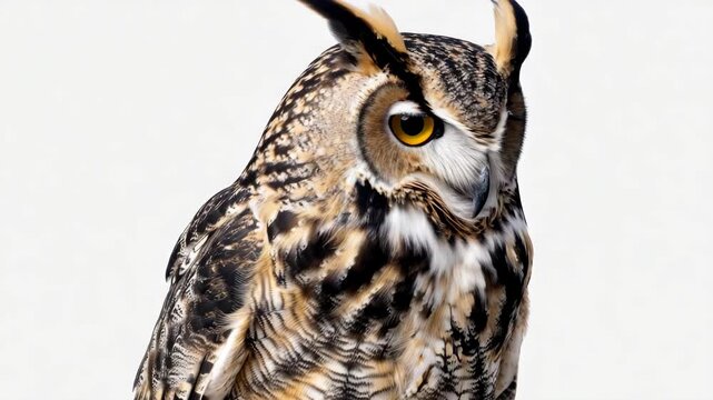 A close-up shot of an owl with vivid yellow eyes and intricate feather patterns, set against a neutral background.