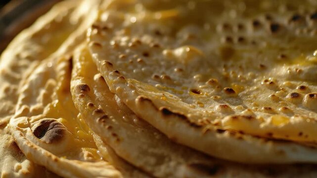 A pile of golden brown naan bread with visible char marks on a wooden surface.