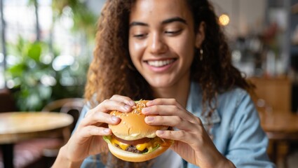 Happy Young Woman Enjoying a Cheeseburger in a Cozy Caf&eacute;