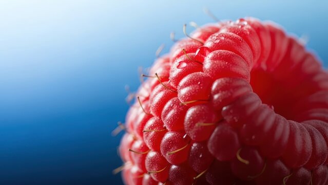Close up of a fresh raspberry against a vibrant blue background