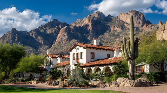 A Classic Style Villa with Spanish Tile Roofing Overlooking the Tucson Arizona Foothills and Saguaro Landscape