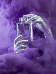 Luxury Perfume Bottle Held by Gloved Hands in Dramatic  Smoke