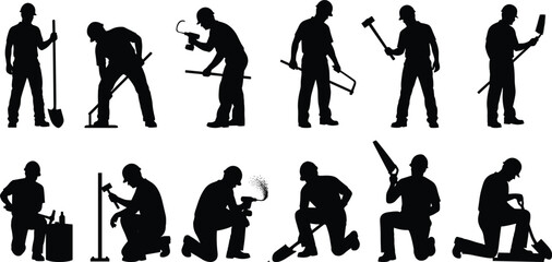 Construction worker silhouette set, builder with tools hammer drill shovel industrial labor vector illustration isolated collectionConstruction worker silhouette set, builder with tools hammer drill  © It's Vector
