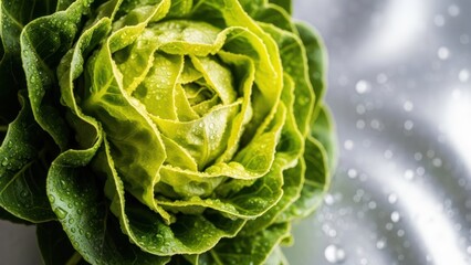 Obraz premium Close up of fresh green lettuce head with water droplets