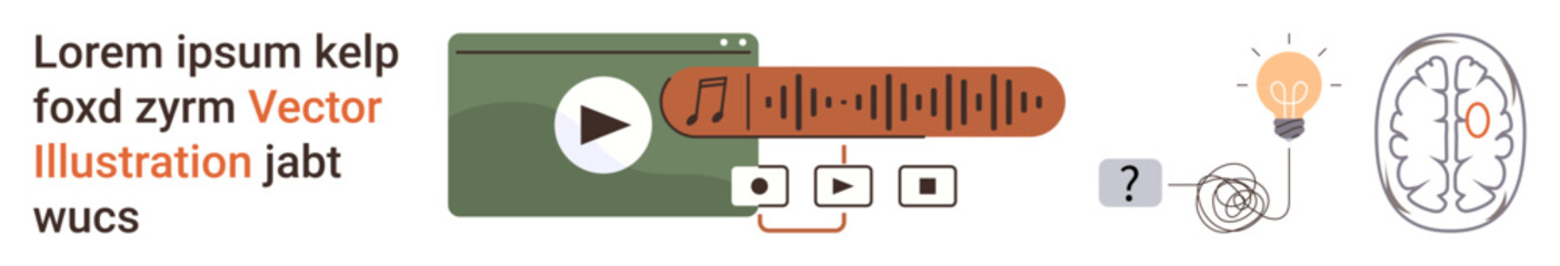 Creativity, knowledge, innovation, problem-solving, technology, digital media. Audio player with sound wave, bulb and brain icons. Creativity and knowledge linked with audio and innovation