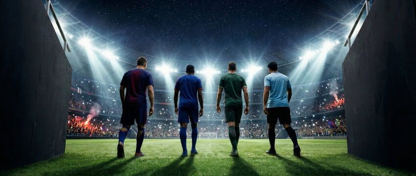 Football players entering illuminated stadium at night before major tournament kickoff. Concept of world championship stage, international teams, competitive spirit, and global sport event.