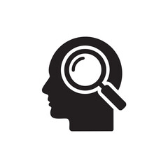 A black silhouette of a human head in profile with a magnifying glass examining the brain, symbolizing investigation and analysis.