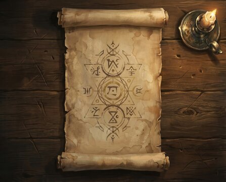 Ancient magic scroll with occult symbols on wooden table beside burning candle fantasy ritual concept
