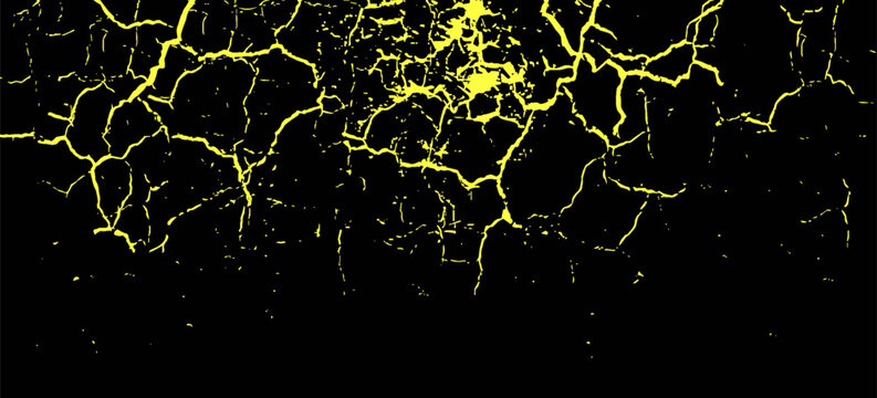 Yellow cracked texture on black background, abstract distressed wall pattern, lightning bolt effect style.