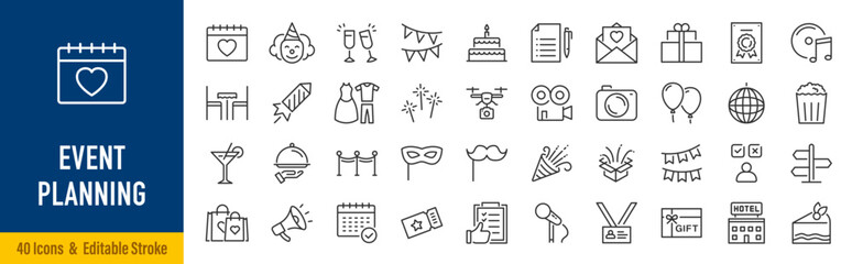 Event planning web icons in line style. Holiday, event, party, celebration, entertainment. Vector illustration. © iiierlok_xolms