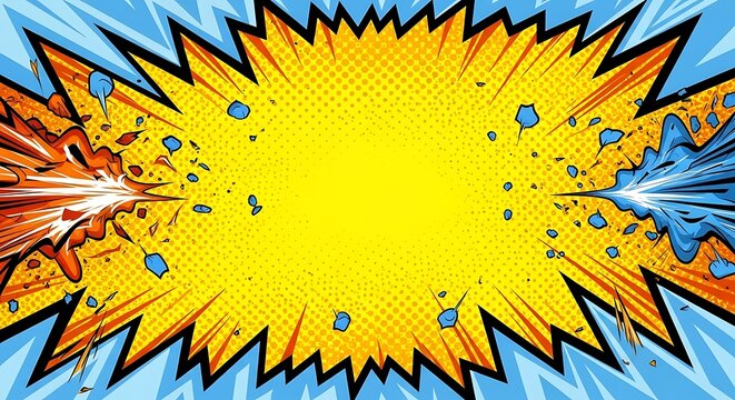A dynamic explosion scene showcasing energy, blast, action, impact, and power in a vibrant comic book style illustration from a direct viewpoint surrounded by motion lines and splashes of color