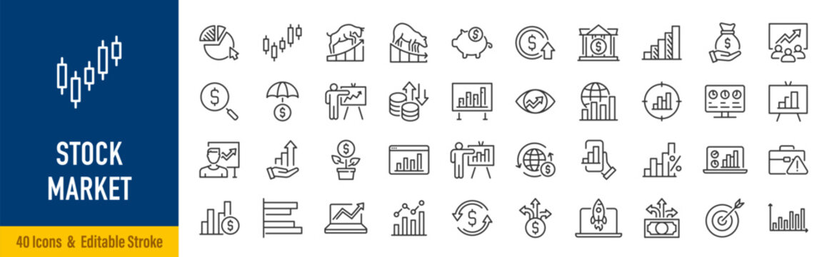Stock Market web icons in line style. Investment, finance, table, bear, bull, stock exchange, profits, trading, growth ,collection. Vector illustration.