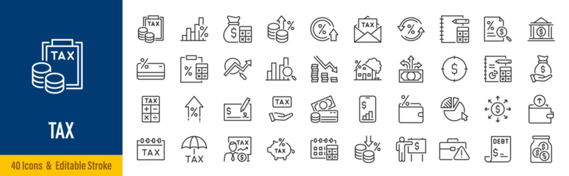 Tax web icons in line style. Pay, duties, interest rate, tax return, vat, tariff, personal tax, collection. Vector illustration.
