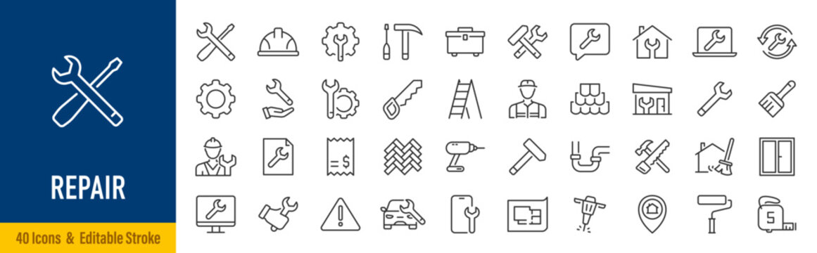 Repair web icons in line style. Engineer, maintenance, tools, support, collection. Vector illustration.