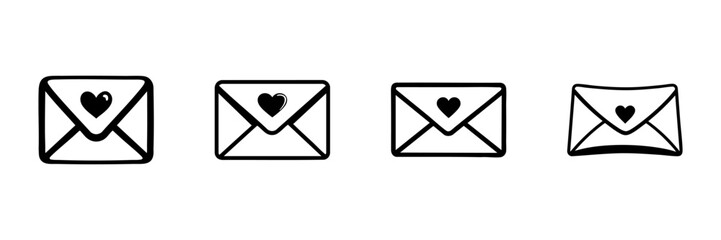 Envelopes With Heart Icons In Hand Drawn Style Set. Love Letters, Romantic Communication, Valentine'S Day Doodle Sketch Collection. Expressing Affection. Isolated Vector Illustration