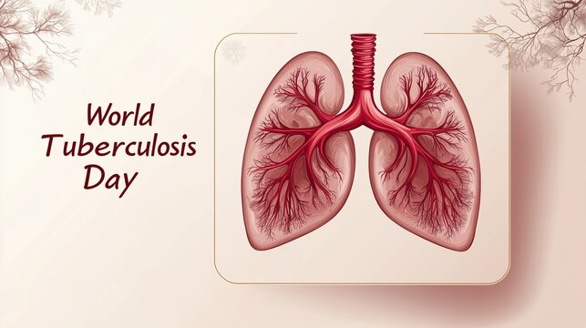 World Tuberculosis Day: medical awareness banner, detailed anatomical illustration of human lungs as centerpiece, bold serif typography "World Tuberculosis Day" at top