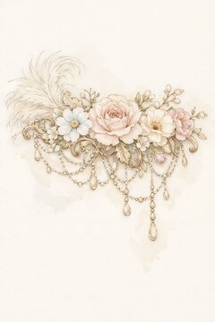 Rococo Floral Ornament with Pearls and Vintage Elegant Decoration