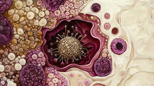 World Tuberculosis Day: medical illustration of pulmonary tuberculosis granuloma cross-section, Netter atlas style, layered immune cells and necrotic center, rich warm earth tones, burgundy