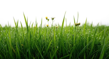 Fototapeta premium Close-up of vibrant green grass blades, sprinkled with droplets, against a bright white sky