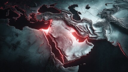 中東地域の地形を強調した3Dマップ。地理学や国際関係の資料に最適なビジュアル。