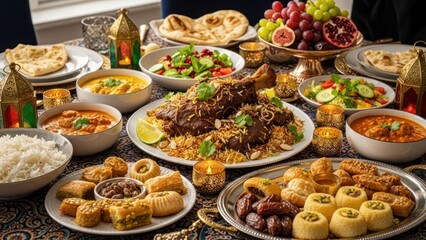 Fototapeta premium Middle eastern feast featuring various dishes on a decorated table