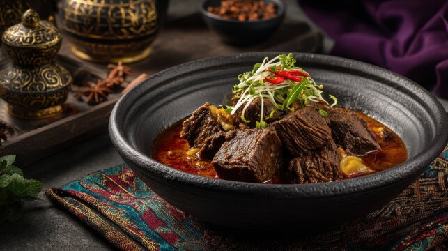Rich and Spicy Indonesian Rawon Beef Soup with Fresh Garnish Served in a Dark Bowl