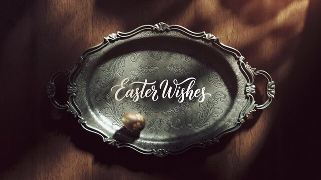 Golden egg spinning on a vintage silver tray with Easter Wishes tex