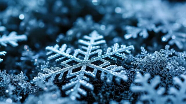 Delicate snowflakes in mid-motion against dark background, perfect for winter themes.