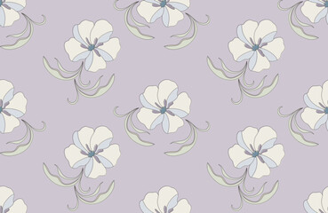 Gentle vintage floral seamless pattern soft pastel flower and flowing leaves.