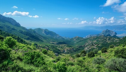 Obraz premium Breathtaking landscape view of rolling green hills and a vibrant blue ocean under a clear sky with fluffy clouds