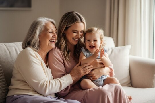 Three generations of women laughing together on a sofa at home.
