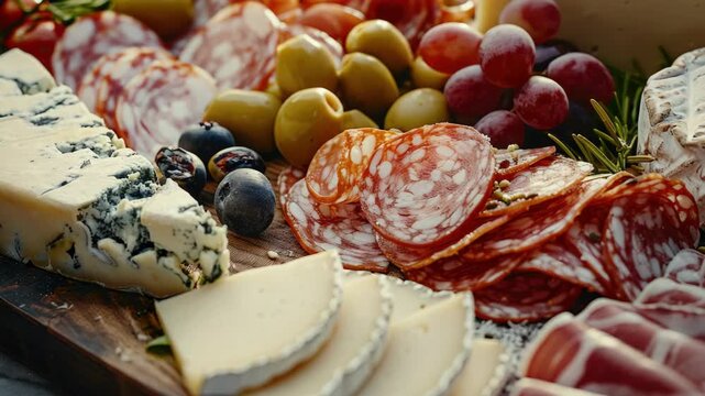 A variety of sliced meats and cheeses arranged on a platter for snacking or entertaining.