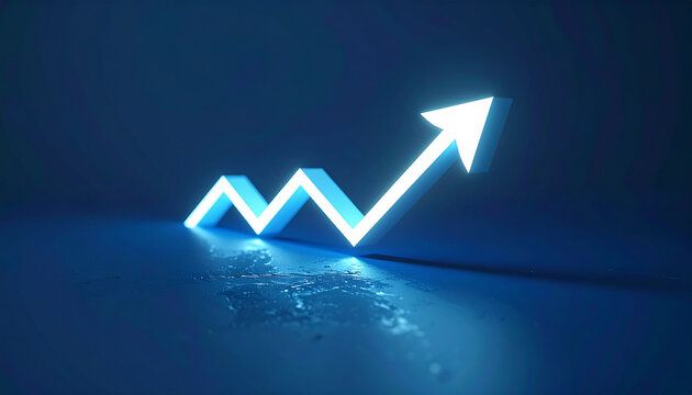 Glowing white arrow rising on dark blue background, investment and business growth concept.