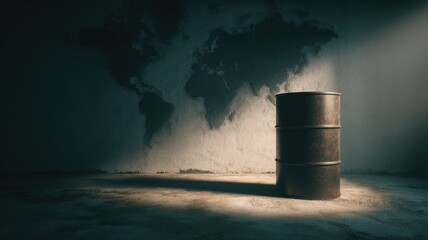 錆びたドラム缶が暗い空間に置かれている風景。環境問題やエネルギー関連のイメージ素材